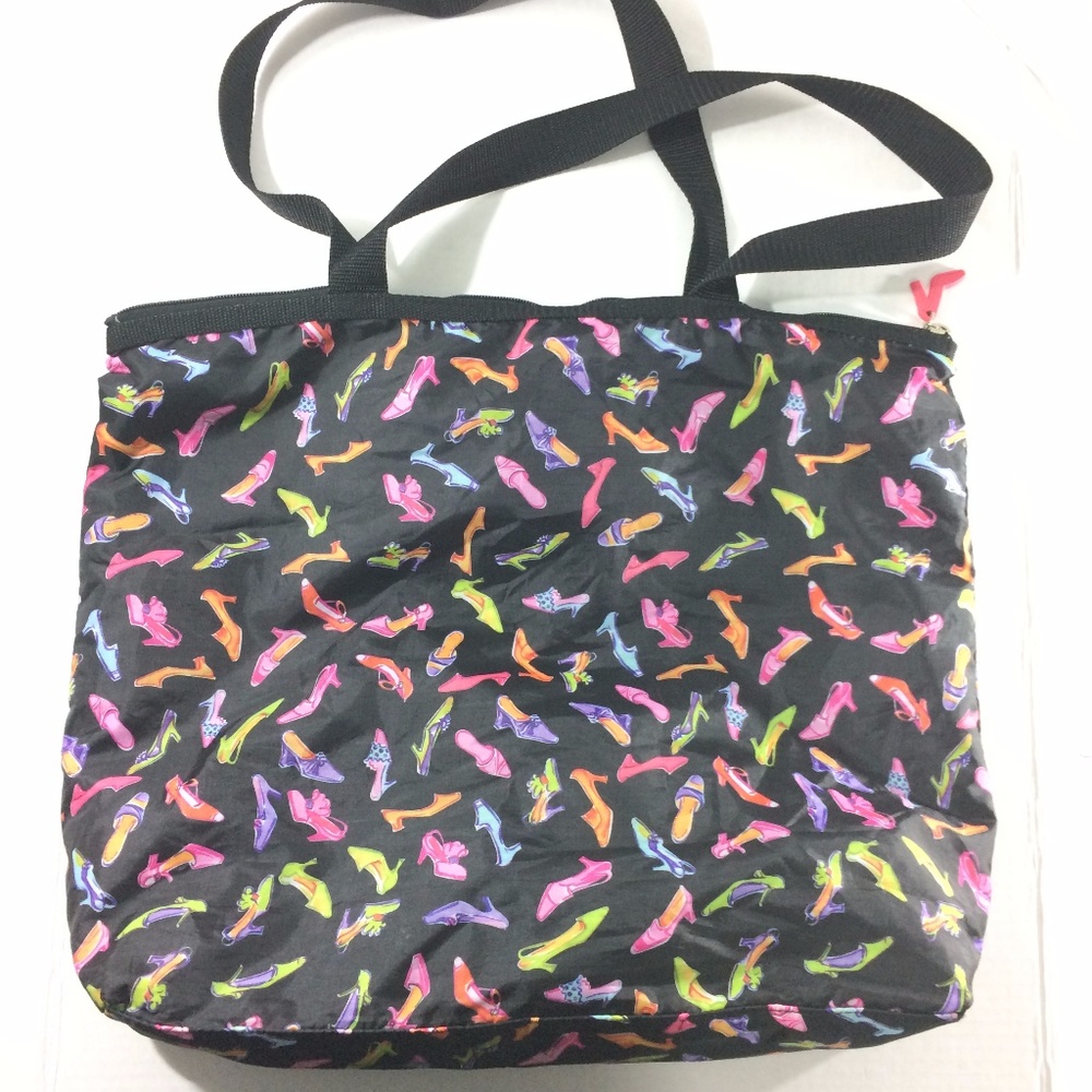 90s Black Large Zipper Soft Tote with Shoe Print - Picture 2 of 8